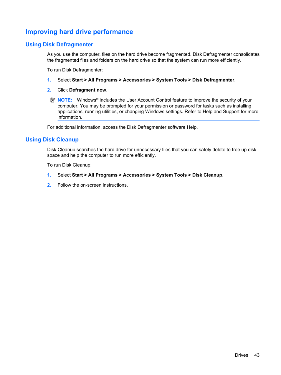 Improving hard drive performance, Using disk defragmenter, Using disk cleanup | Using disk defragmenter using disk cleanup | HP Pavilion dm1-2001au Entertainment Notebook PC User Manual | Page 53 / 113