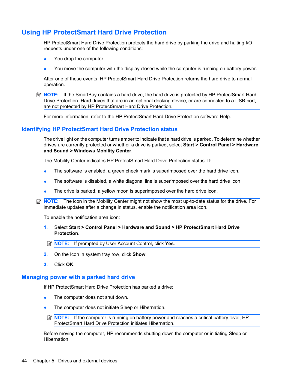 Using hp protectsmart hard drive protection, Managing power with a parked hard drive | HP Pavilion dm1-2001au Entertainment Notebook PC User Manual | Page 54 / 113