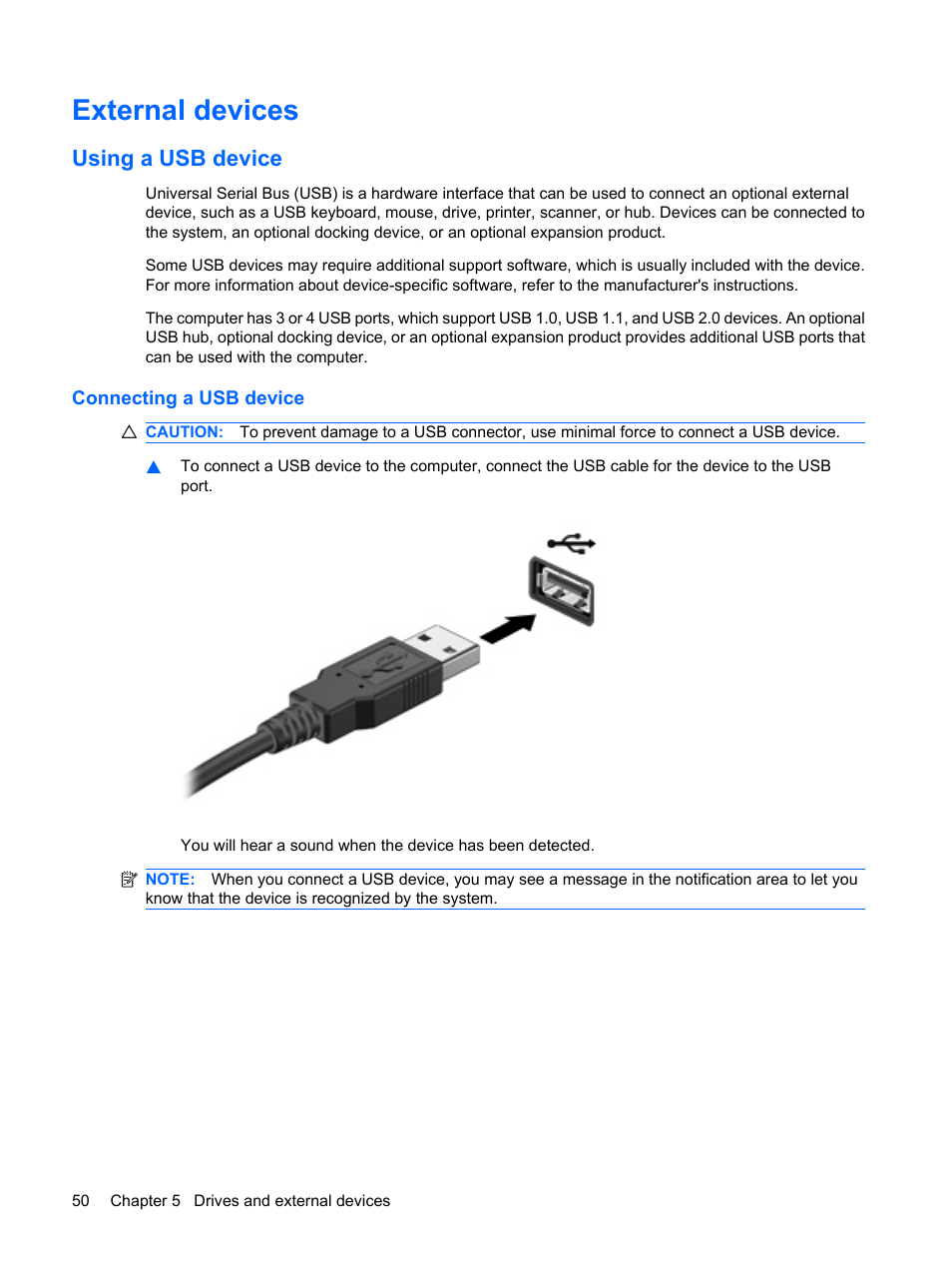 External devices, Using a usb device, Connecting a usb device | HP Pavilion dm1-2001au Entertainment Notebook PC User Manual | Page 60 / 113