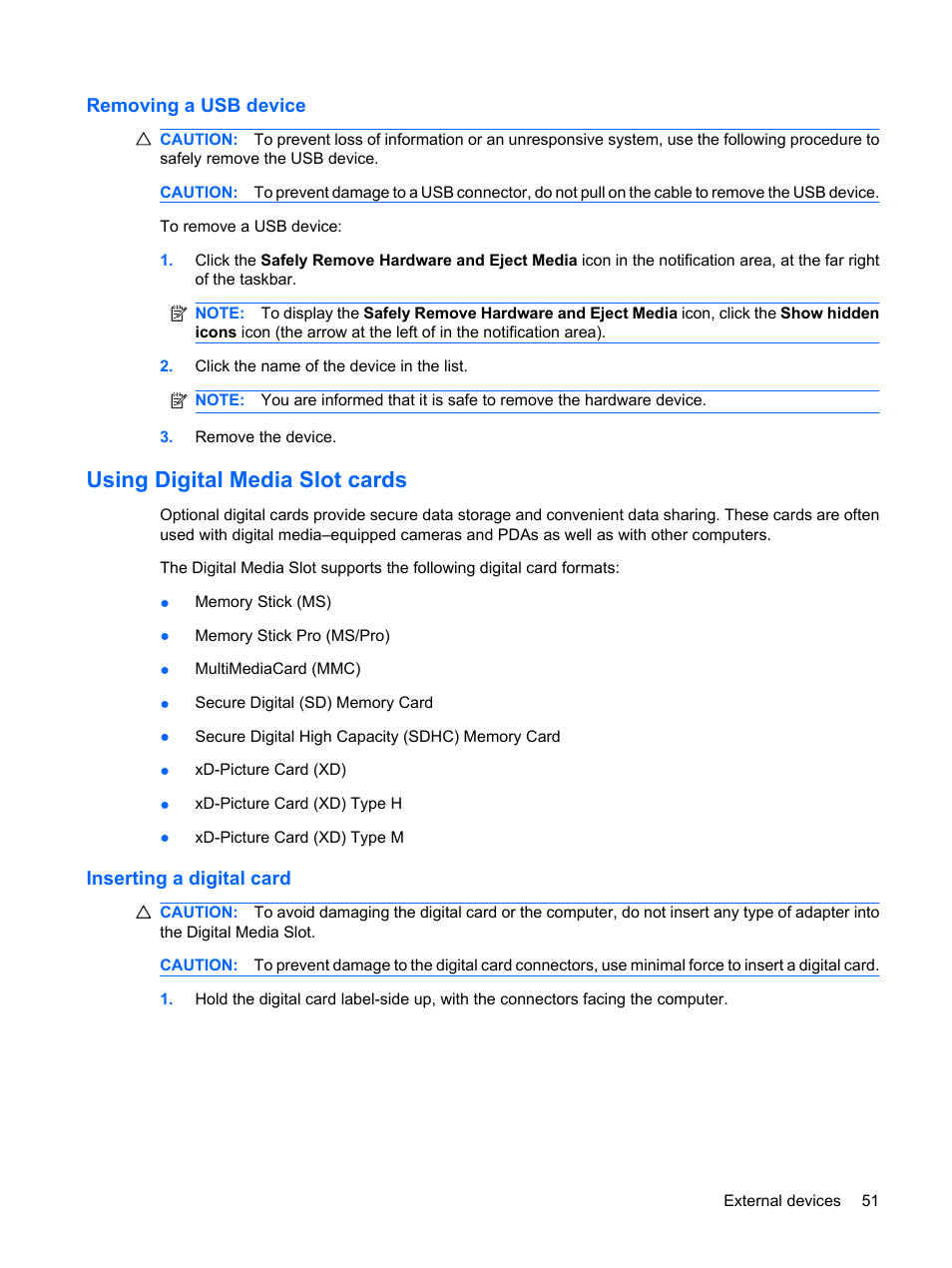 Removing a usb device, Using digital media slot cards, Inserting a digital card | HP Pavilion dm1-2001au Entertainment Notebook PC User Manual | Page 61 / 113