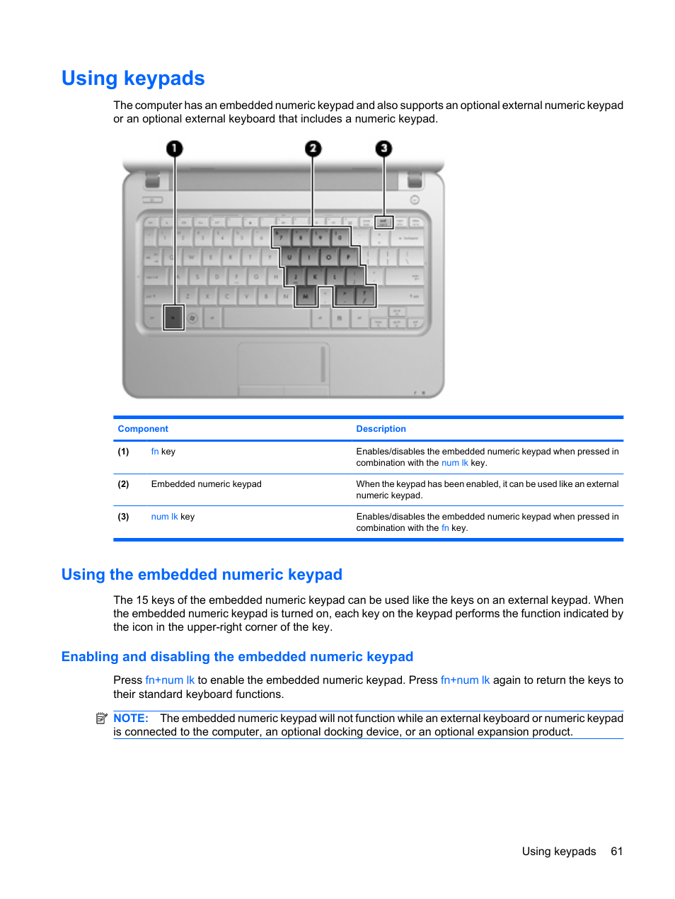 Using keypads, Using the embedded numeric keypad, Enabling and disabling the embedded numeric keypad | HP Pavilion dm1-2001au Entertainment Notebook PC User Manual | Page 71 / 113