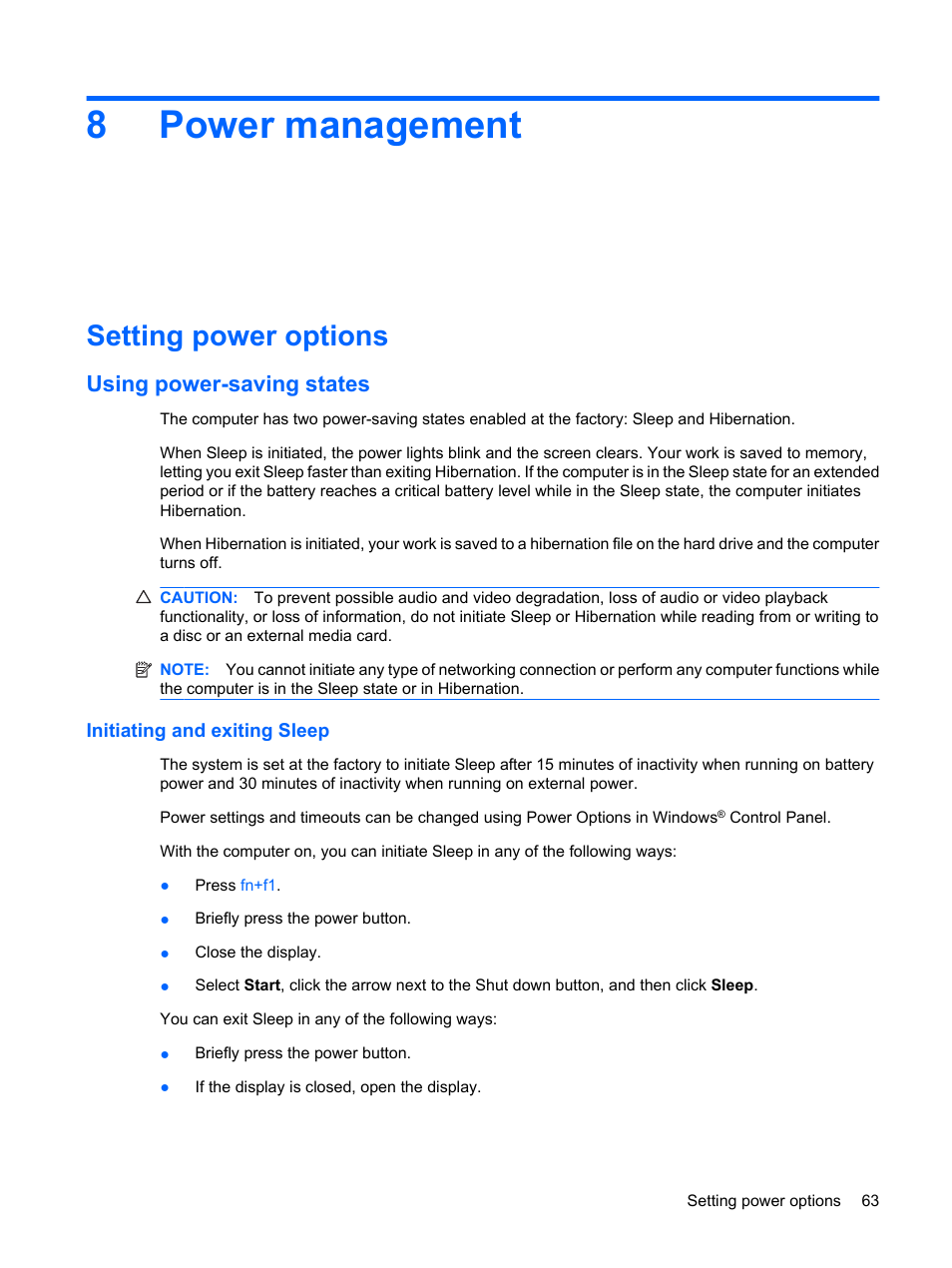 Power management, Setting power options, Using power-saving states | Initiating and exiting sleep, 8 power management, 8power management | HP Pavilion dm1-2001au Entertainment Notebook PC User Manual | Page 73 / 113