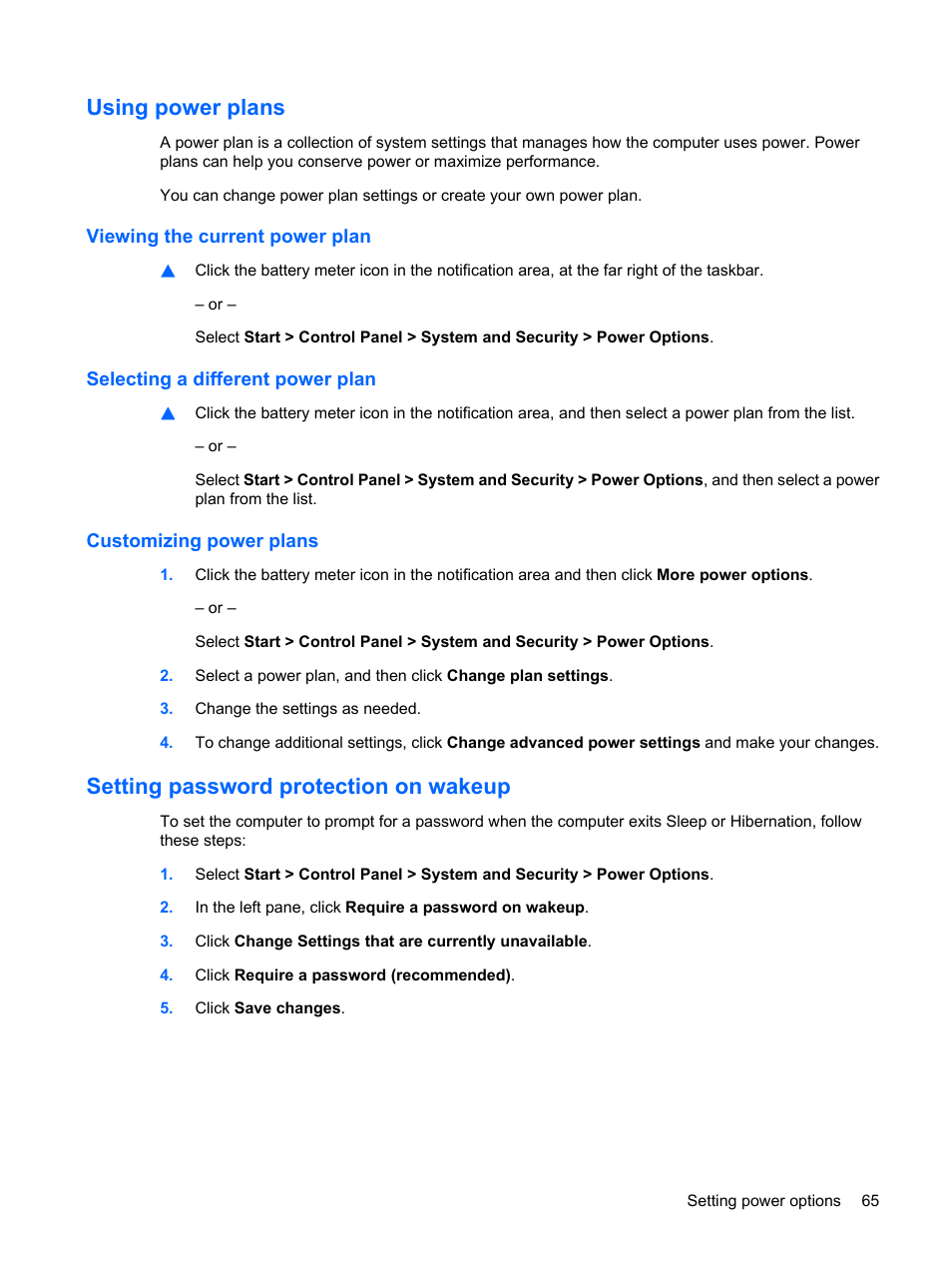 Using power plans, Viewing the current power plan, Selecting a different power plan | Customizing power plans, Setting password protection on wakeup | HP Pavilion dm1-2001au Entertainment Notebook PC User Manual | Page 75 / 113