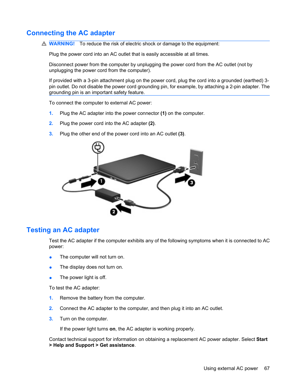Connecting the ac adapter, Testing an ac adapter, Connecting the ac adapter testing an ac adapter | HP Pavilion dm1-2001au Entertainment Notebook PC User Manual | Page 77 / 113