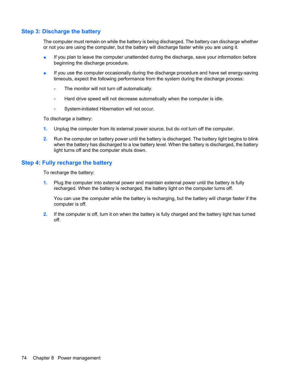 Step 3: discharge the battery, Step 4: fully recharge the battery | HP Pavilion dm1-2001au Entertainment Notebook PC User Manual | Page 84 / 113