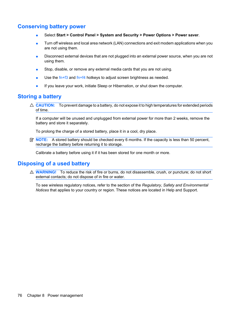 Conserving battery power, Storing a battery, Disposing of a used battery | HP Pavilion dm1-2001au Entertainment Notebook PC User Manual | Page 86 / 113