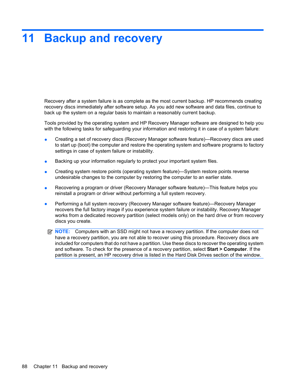 Backup and recovery, 11 backup and recovery | HP Pavilion dm1-2001au Entertainment Notebook PC User Manual | Page 98 / 113