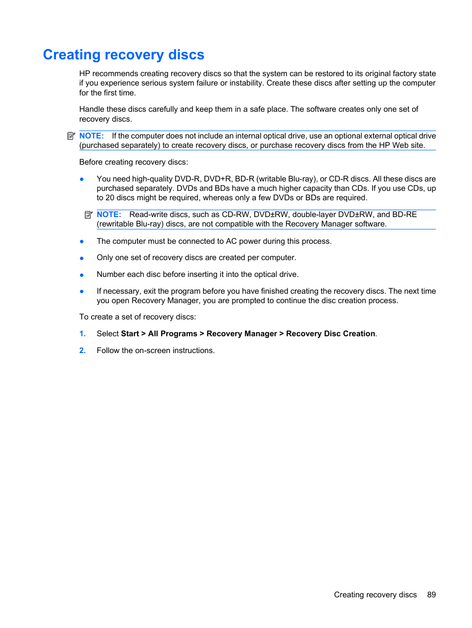 Creating recovery discs | HP Pavilion dm1-2001au Entertainment Notebook PC User Manual | Page 99 / 113