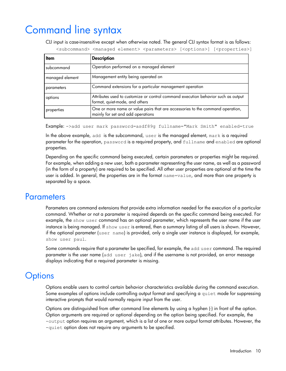 Command line syntax, Parameters, Options | HP Virtual Connect 4Gb Fibre Channel Module for c-Class BladeSystem User Manual | Page 10 / 131