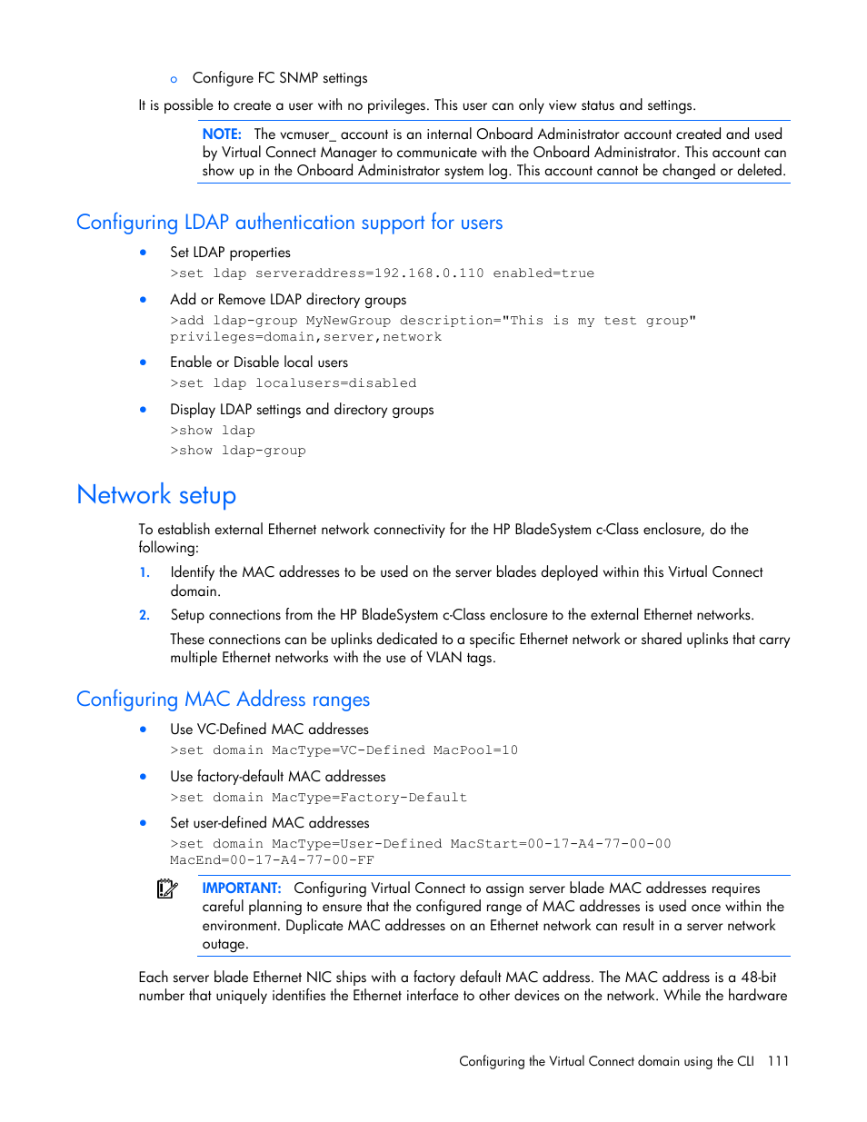 Configuring ldap authentication support for users, Network setup, Configuring mac address ranges | HP Virtual Connect 4Gb Fibre Channel Module for c-Class BladeSystem User Manual | Page 111 / 131