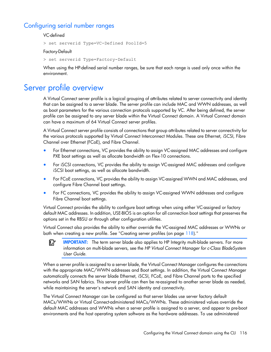 Configuring serial number ranges, Server profile overview | HP Virtual Connect 4Gb Fibre Channel Module for c-Class BladeSystem User Manual | Page 116 / 131