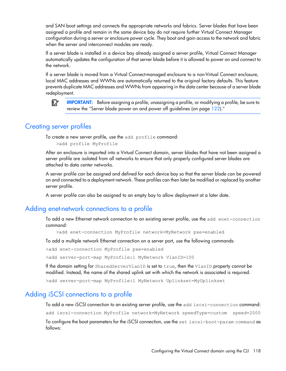 Creating server profiles, Adding enet-network connections to a profile, Adding iscsi connections to a profile | HP Virtual Connect 4Gb Fibre Channel Module for c-Class BladeSystem User Manual | Page 118 / 131