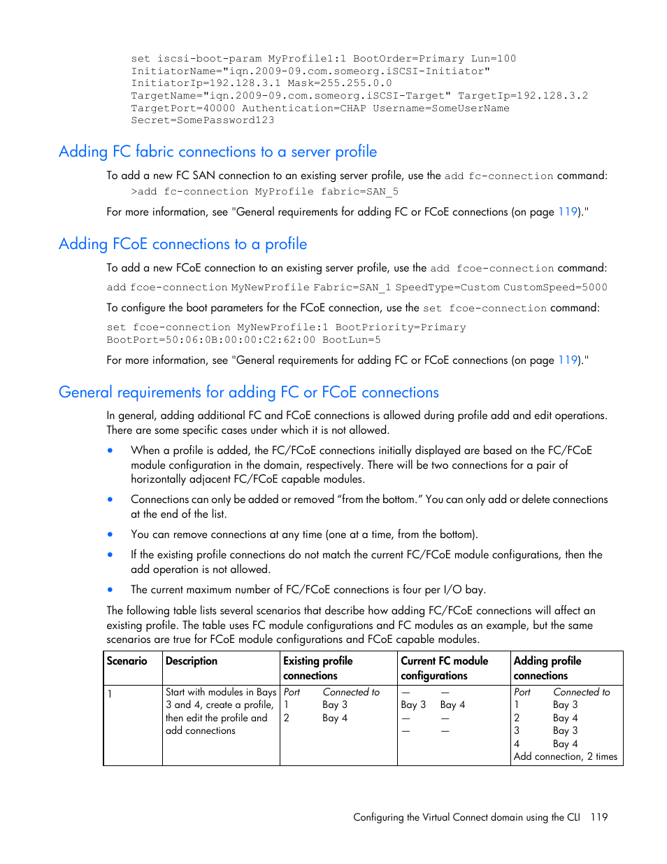 Adding fc fabric connections to a server profile, Adding fcoe connections to a profile | HP Virtual Connect 4Gb Fibre Channel Module for c-Class BladeSystem User Manual | Page 119 / 131