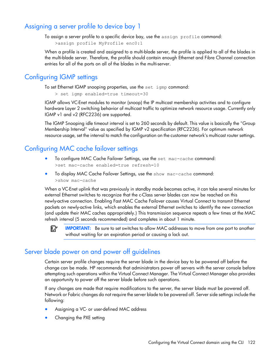 Assigning a server profile to device bay 1, Configuring igmp settings, Configuring mac cache failover settings | Server blade power on and power off guidelines | HP Virtual Connect 4Gb Fibre Channel Module for c-Class BladeSystem User Manual | Page 122 / 131