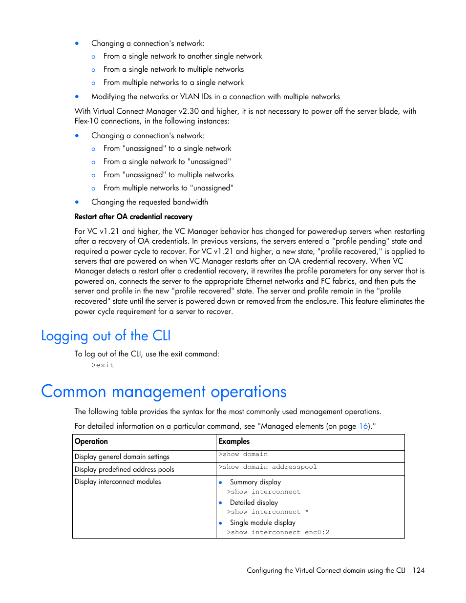 Logging out of the cli, Common management operations | HP Virtual Connect 4Gb Fibre Channel Module for c-Class BladeSystem User Manual | Page 124 / 131