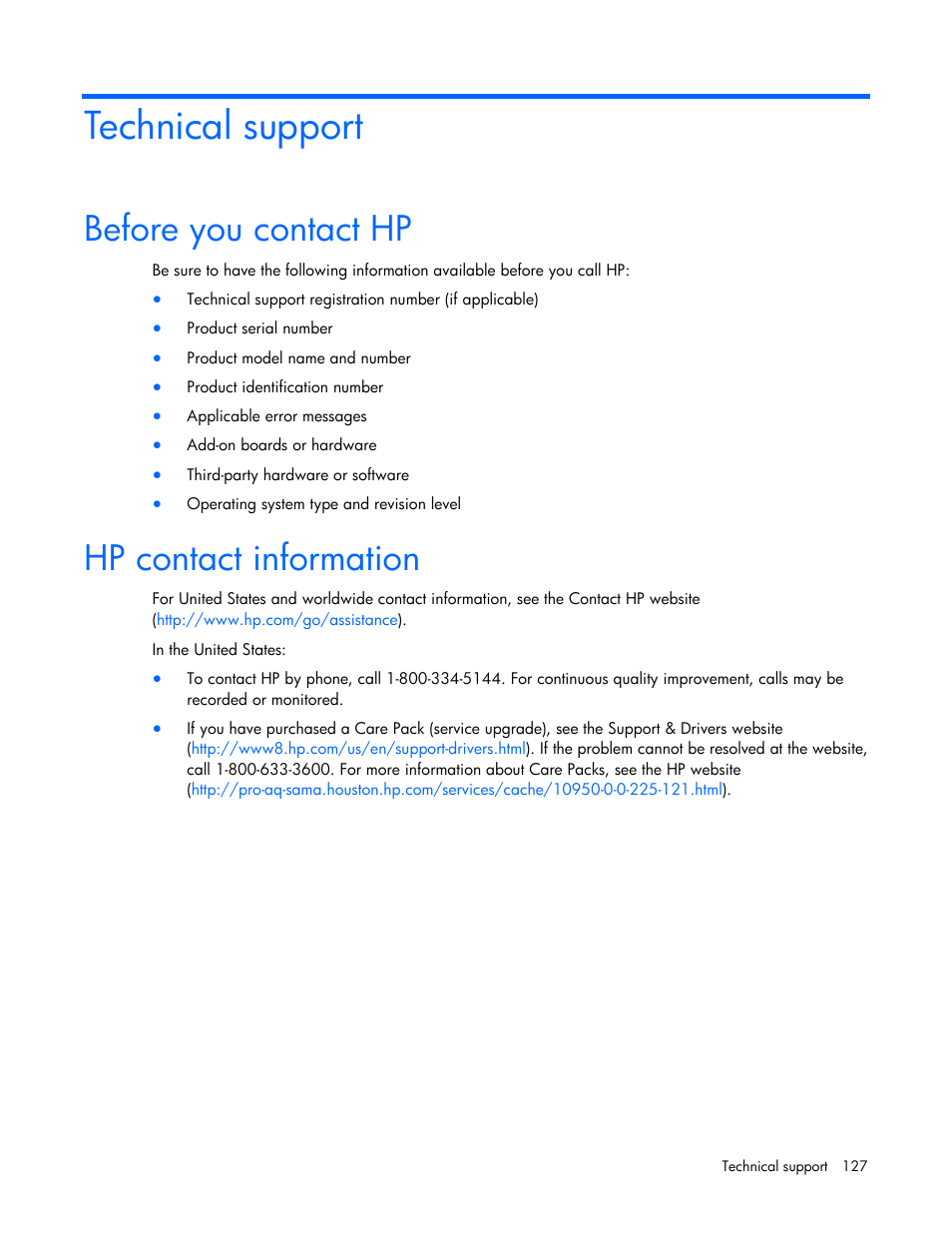 Technical support, Before you contact hp, Hp contact information | HP Virtual Connect 4Gb Fibre Channel Module for c-Class BladeSystem User Manual | Page 127 / 131