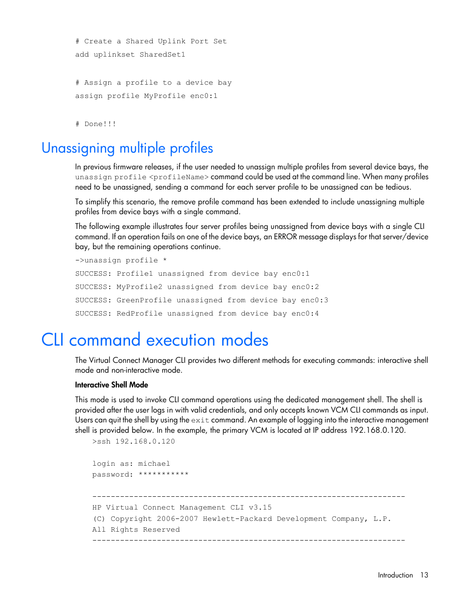 Unassigning multiple profiles, Cli command execution modes | HP Virtual Connect 4Gb Fibre Channel Module for c-Class BladeSystem User Manual | Page 13 / 131