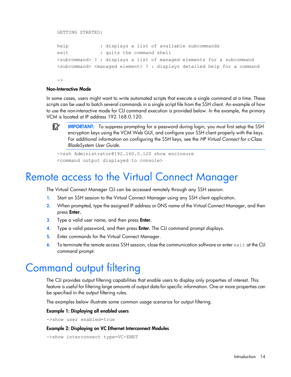Remote access to the virtual connect manager, Command output filtering | HP Virtual Connect 4Gb Fibre Channel Module for c-Class BladeSystem User Manual | Page 14 / 131