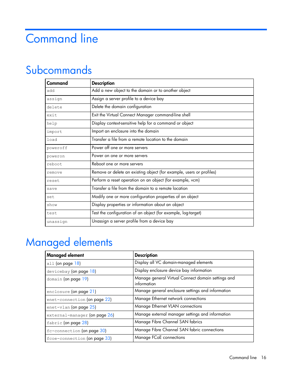 Command line, Subcommands, Managed elements | HP Virtual Connect 4Gb Fibre Channel Module for c-Class BladeSystem User Manual | Page 16 / 131