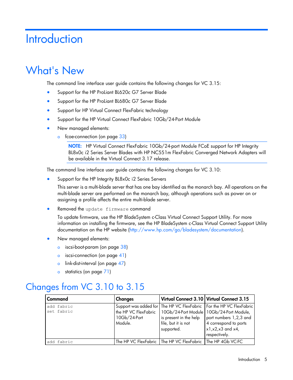 Introduction, What's new, Changes from vc 3.10 to 3.15 | HP Virtual Connect 4Gb Fibre Channel Module for c-Class BladeSystem User Manual | Page 5 / 131