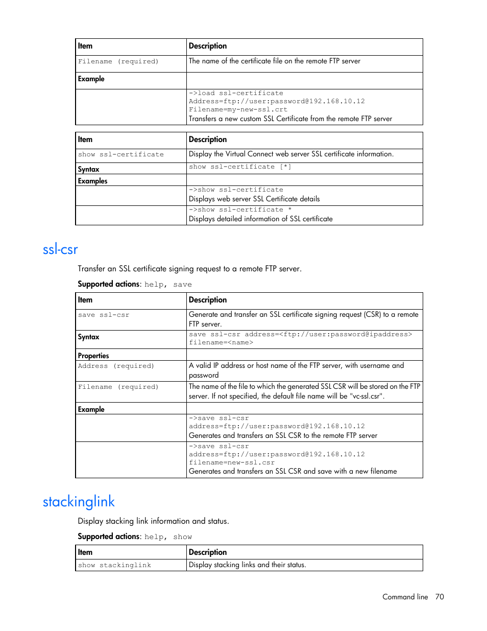 Ssl-csr, Stackinglink | HP Virtual Connect 4Gb Fibre Channel Module for c-Class BladeSystem User Manual | Page 70 / 131