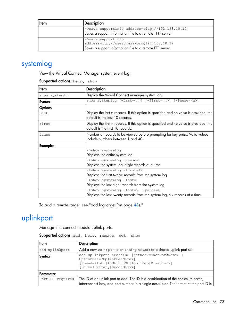 Systemlog, Uplinkport | HP Virtual Connect 4Gb Fibre Channel Module for c-Class BladeSystem User Manual | Page 73 / 131