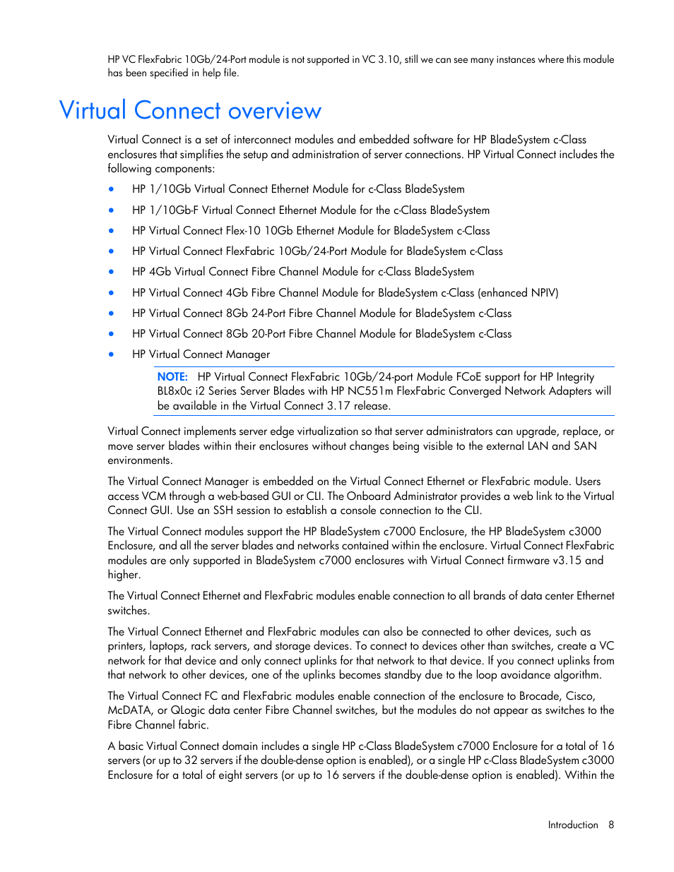 Virtual connect overview | HP Virtual Connect 4Gb Fibre Channel Module for c-Class BladeSystem User Manual | Page 8 / 131
