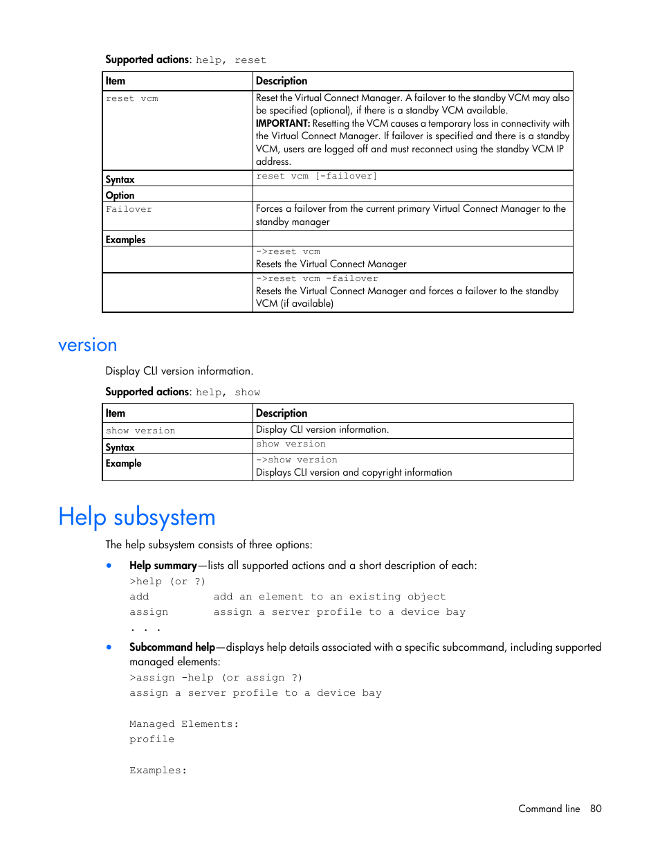 Version, Help subsystem | HP Virtual Connect 4Gb Fibre Channel Module for c-Class BladeSystem User Manual | Page 80 / 131