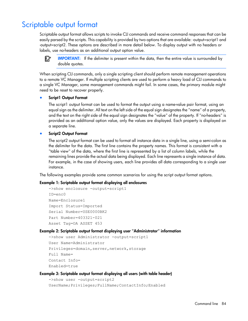 Scriptable output format | HP Virtual Connect 4Gb Fibre Channel Module for c-Class BladeSystem User Manual | Page 84 / 131