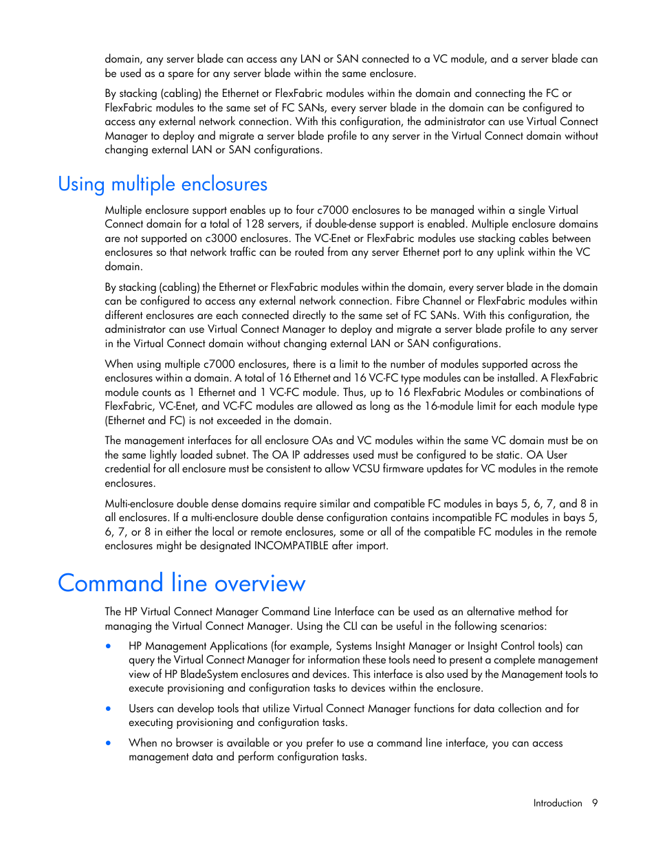 Using multiple enclosures, Command line overview | HP Virtual Connect 4Gb Fibre Channel Module for c-Class BladeSystem User Manual | Page 9 / 131