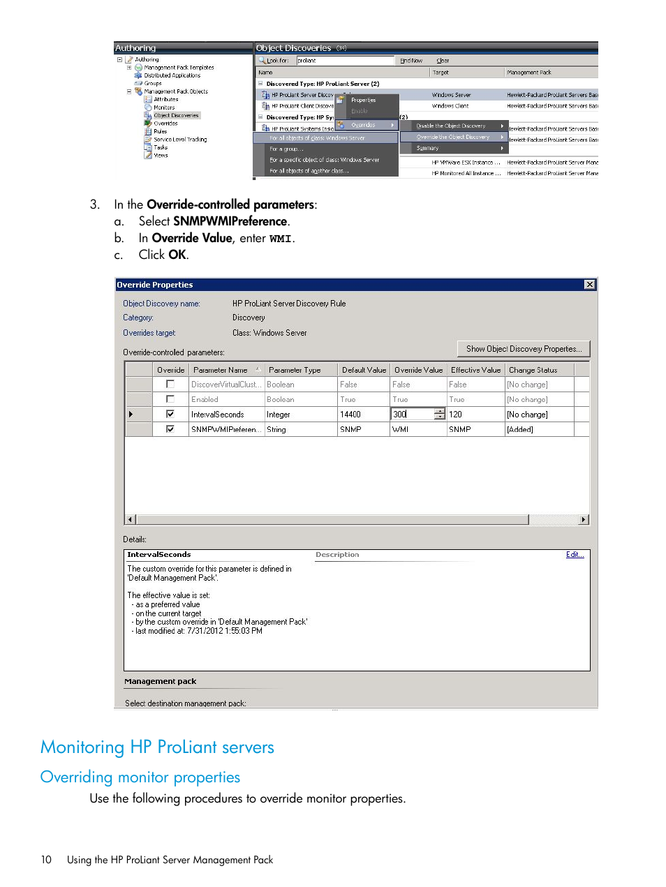 Monitoring hp proliant servers, Overriding monitor properties | HP OneView for Microsoft System Center User Manual | Page 10 / 95