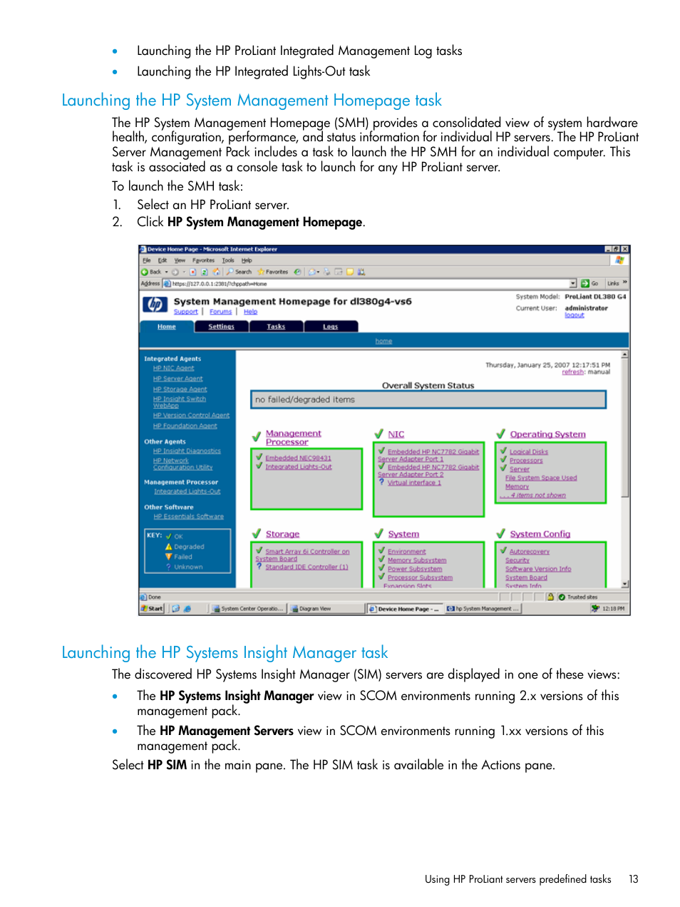 Launching the hp systems insight manager task, Launching the hp system management homepage task | HP OneView for Microsoft System Center User Manual | Page 13 / 95