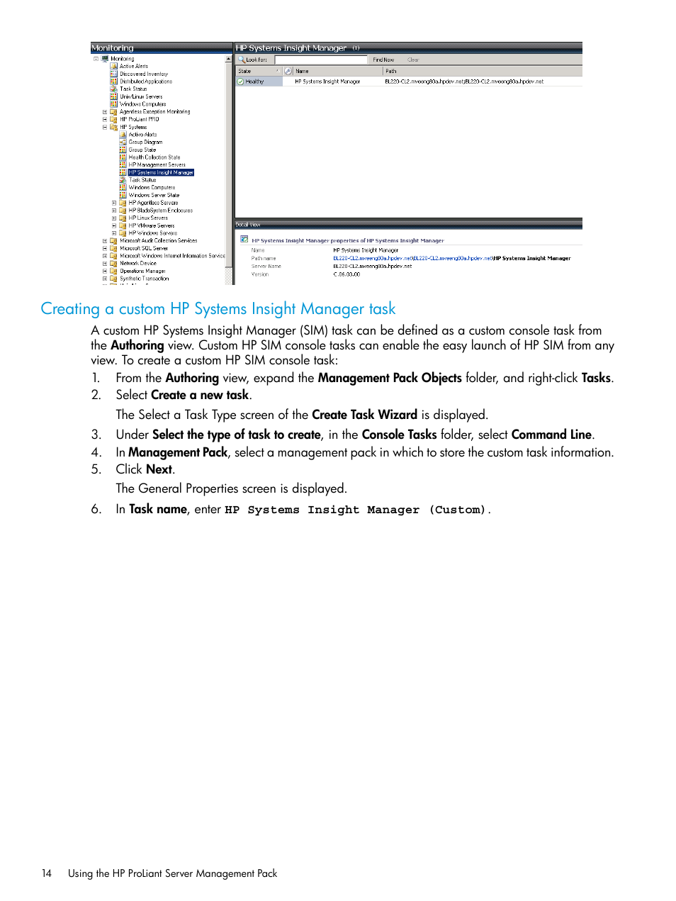 Creating a custom hp systems insight manager task | HP OneView for Microsoft System Center User Manual | Page 14 / 95