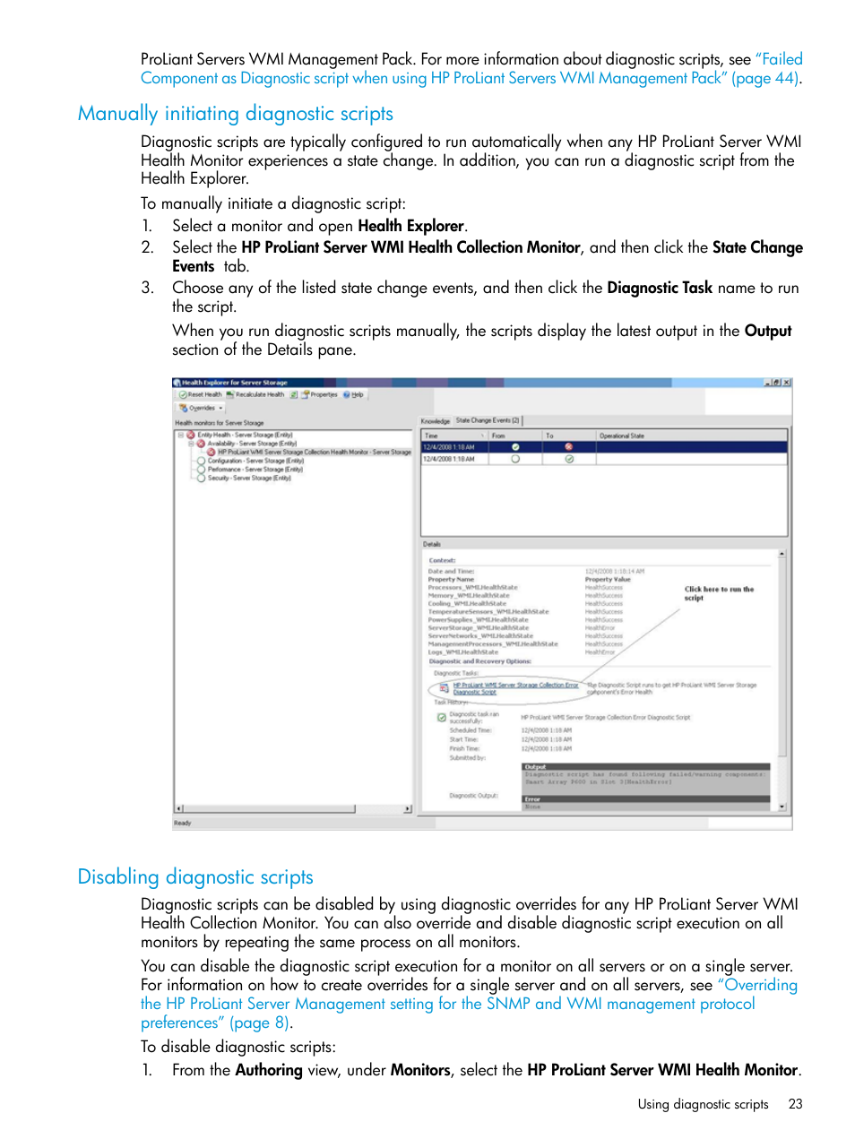 Manually initiating diagnostic scripts, Disabling diagnostic scripts | HP OneView for Microsoft System Center User Manual | Page 23 / 95