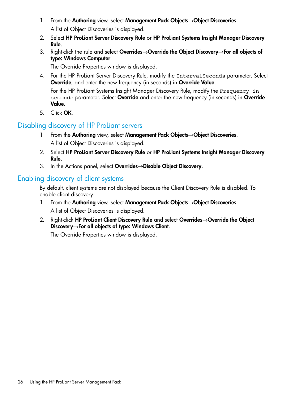 Disabling discovery of hp proliant servers, Enabling discovery of client systems | HP OneView for Microsoft System Center User Manual | Page 26 / 95