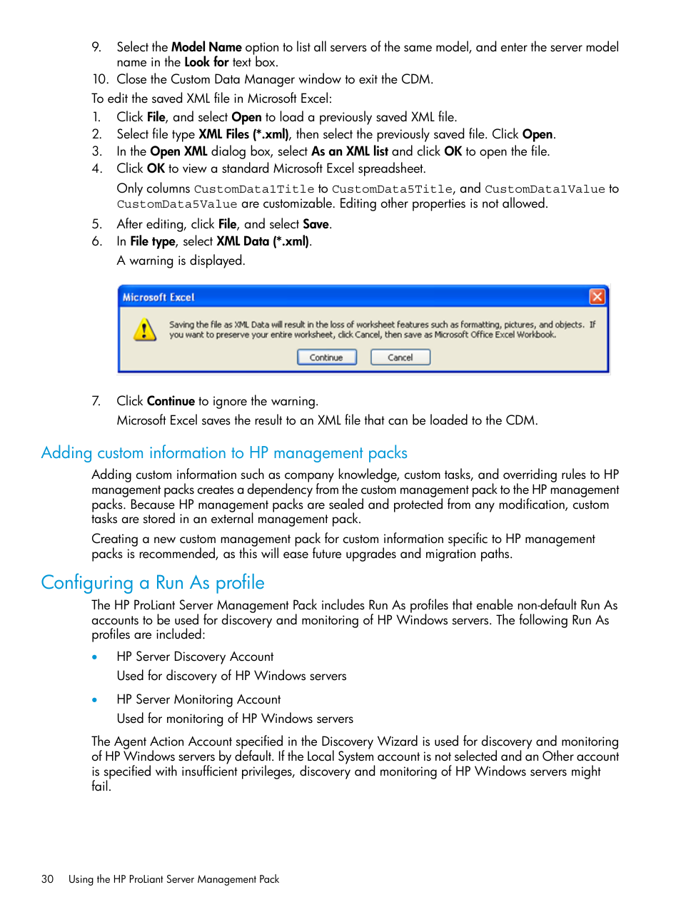 Adding custom information to hp management packs, Configuring a run as profile | HP OneView for Microsoft System Center User Manual | Page 30 / 95