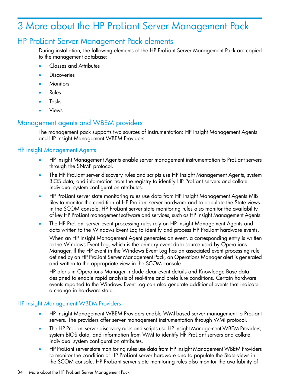 Hp proliant server management pack elements, Management agents and wbem providers, Hp insight management agents | Hp insight management wbem providers | HP OneView for Microsoft System Center User Manual | Page 34 / 95