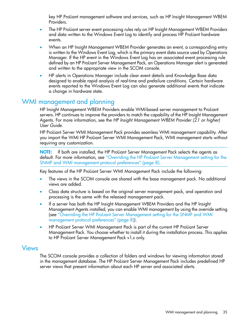 Wmi management and planning, Views, Wmi management and planning views | HP OneView for Microsoft System Center User Manual | Page 35 / 95