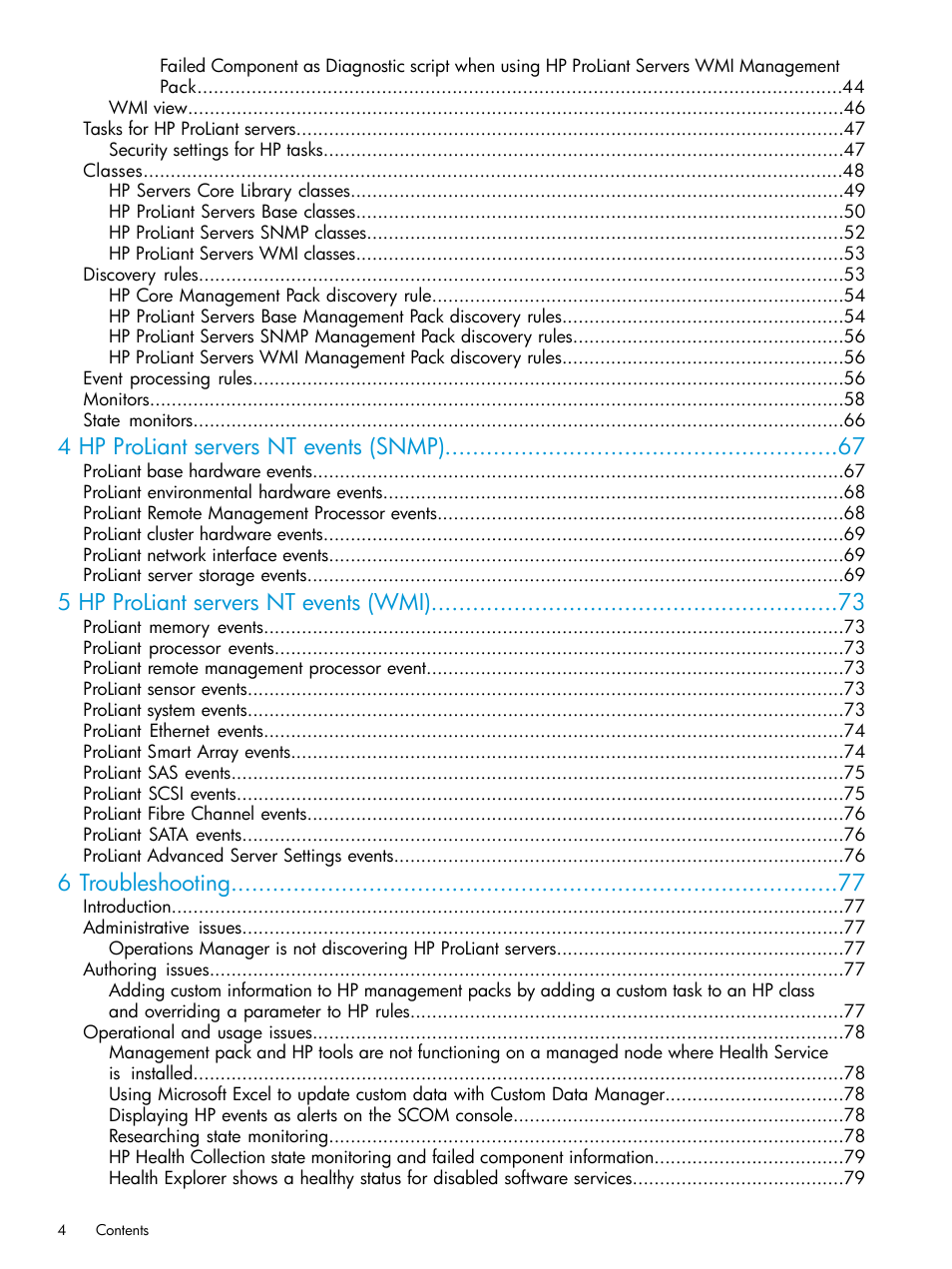 4 hp proliant servers nt events (snmp), 5 hp proliant servers nt events (wmi), 6 troubleshooting | HP OneView for Microsoft System Center User Manual | Page 4 / 95