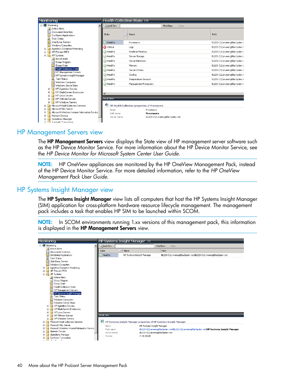 Hp management servers view, Hp systems insight manager view | HP OneView for Microsoft System Center User Manual | Page 40 / 95