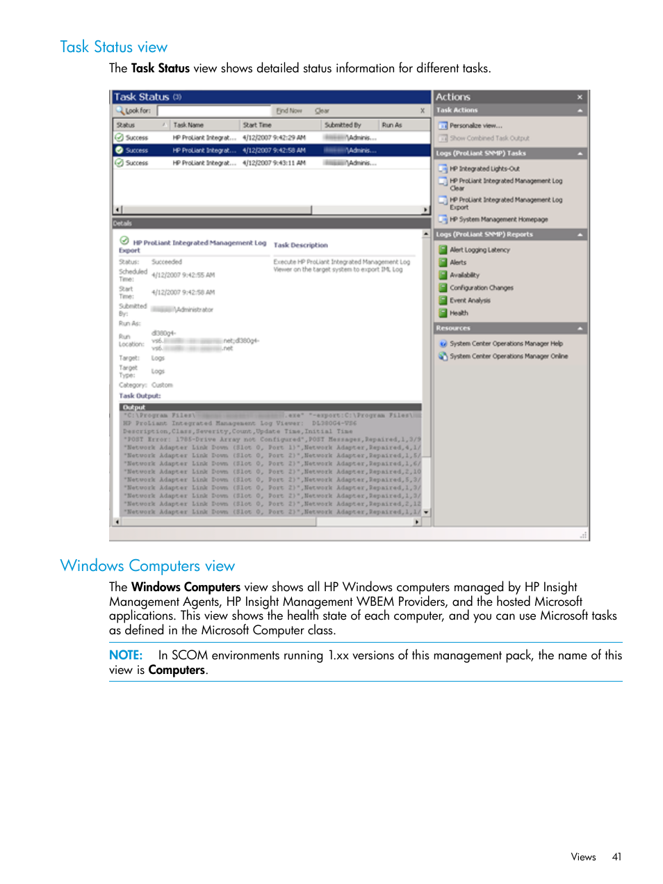 Task status view, Windows computers view, Task status view windows computers view | HP OneView for Microsoft System Center User Manual | Page 41 / 95