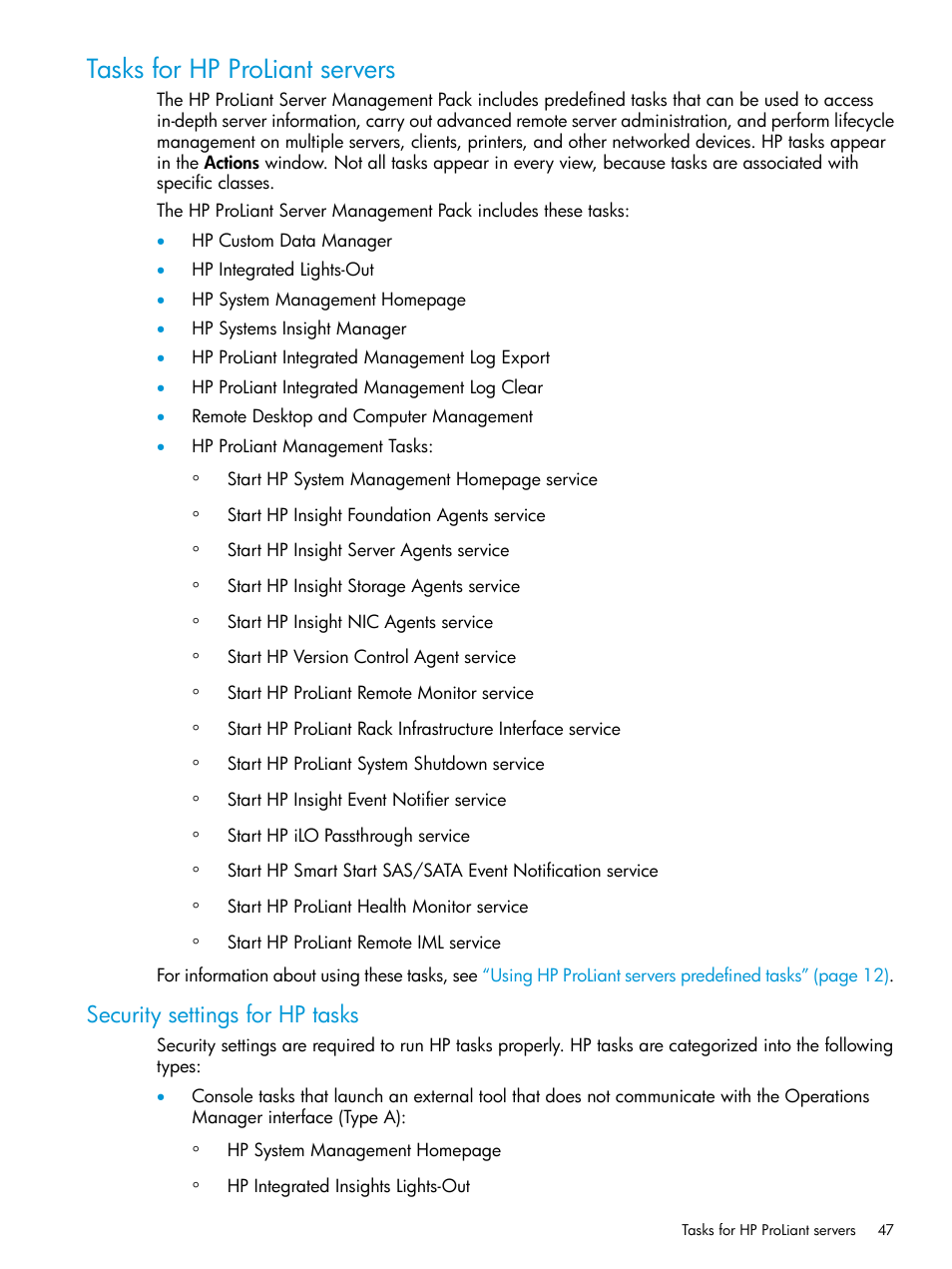 Tasks for hp proliant servers, Security settings for hp tasks | HP OneView for Microsoft System Center User Manual | Page 47 / 95