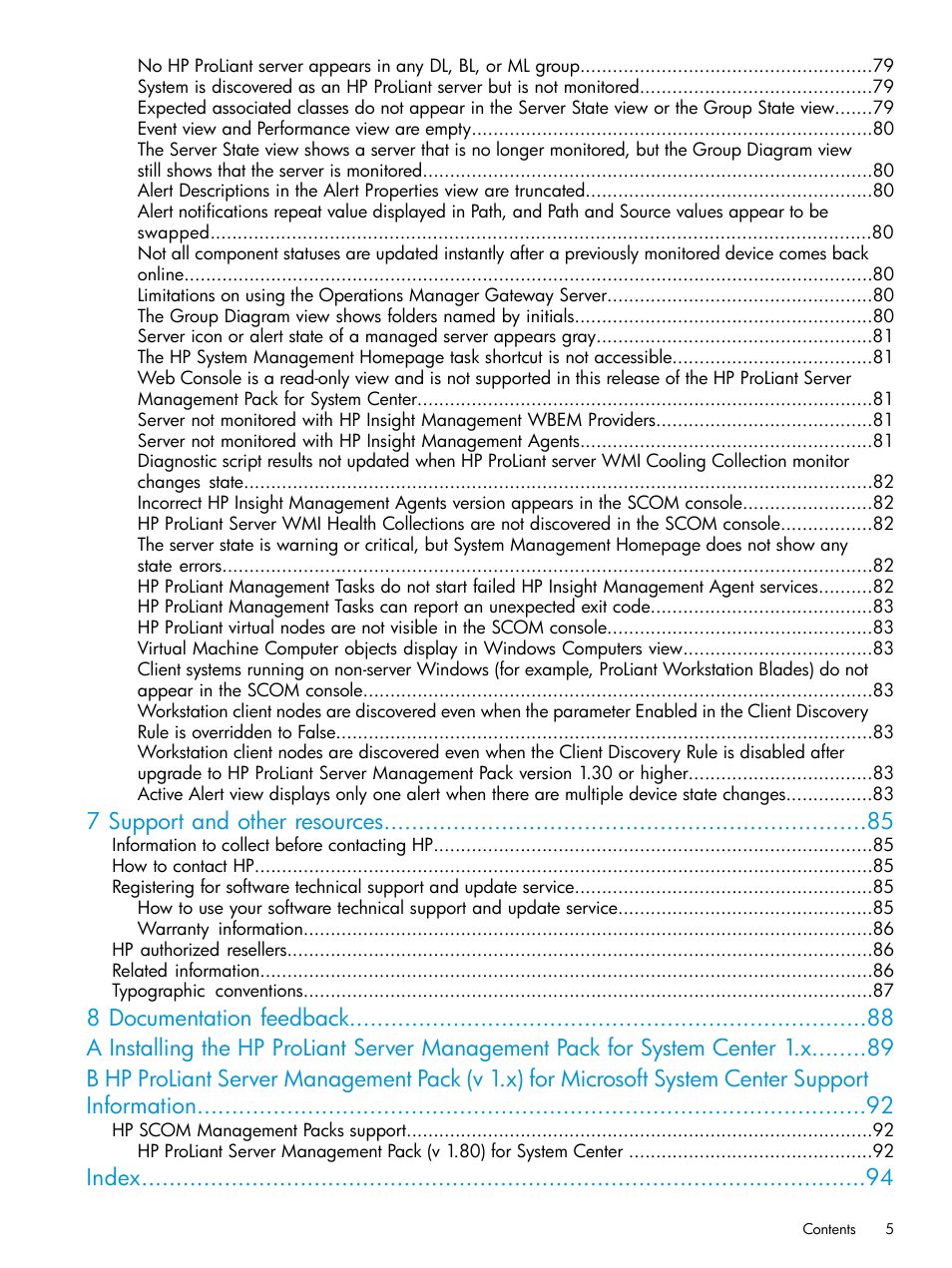 7 support and other resources, Index | HP OneView for Microsoft System Center User Manual | Page 5 / 95