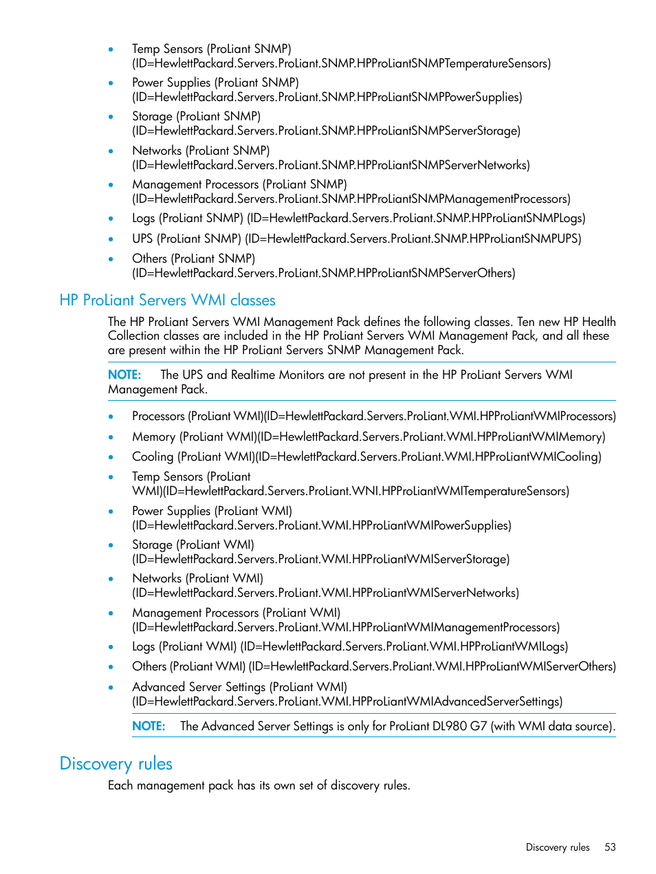 Hp proliant servers wmi classes, Discovery rules | HP OneView for Microsoft System Center User Manual | Page 53 / 95