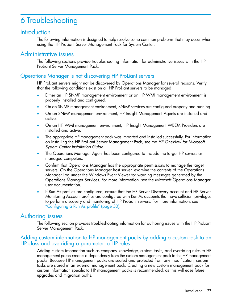 6 troubleshooting, Introduction, Administrative issues | Authoring issues, Introduction administrative issues | HP OneView for Microsoft System Center User Manual | Page 77 / 95