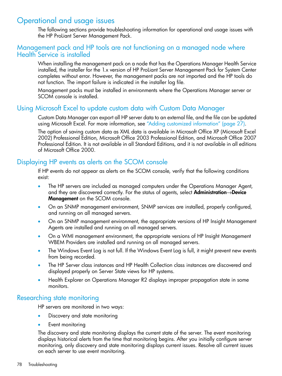 Operational and usage issues, Displaying hp events as alerts on the scom console, Researching state monitoring | HP OneView for Microsoft System Center User Manual | Page 78 / 95