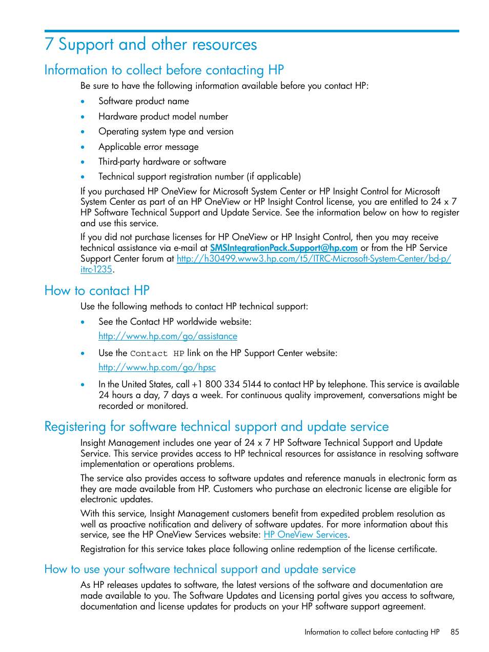 7 support and other resources, Information to collect before contacting hp, How to contact hp | HP OneView for Microsoft System Center User Manual | Page 85 / 95