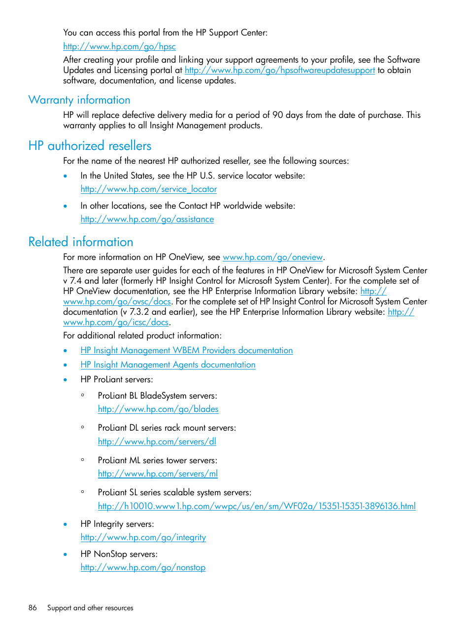 Warranty information, Hp authorized resellers, Related information | Hp authorized resellers related information, Related | HP OneView for Microsoft System Center User Manual | Page 86 / 95