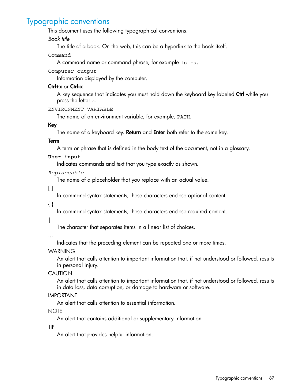 Typographic conventions | HP OneView for Microsoft System Center User Manual | Page 87 / 95