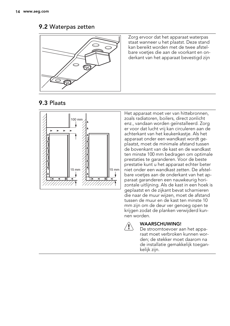 2 waterpas zetten, 3 plaats | AEG S71540TSW1 User Manual | Page 14 / 76